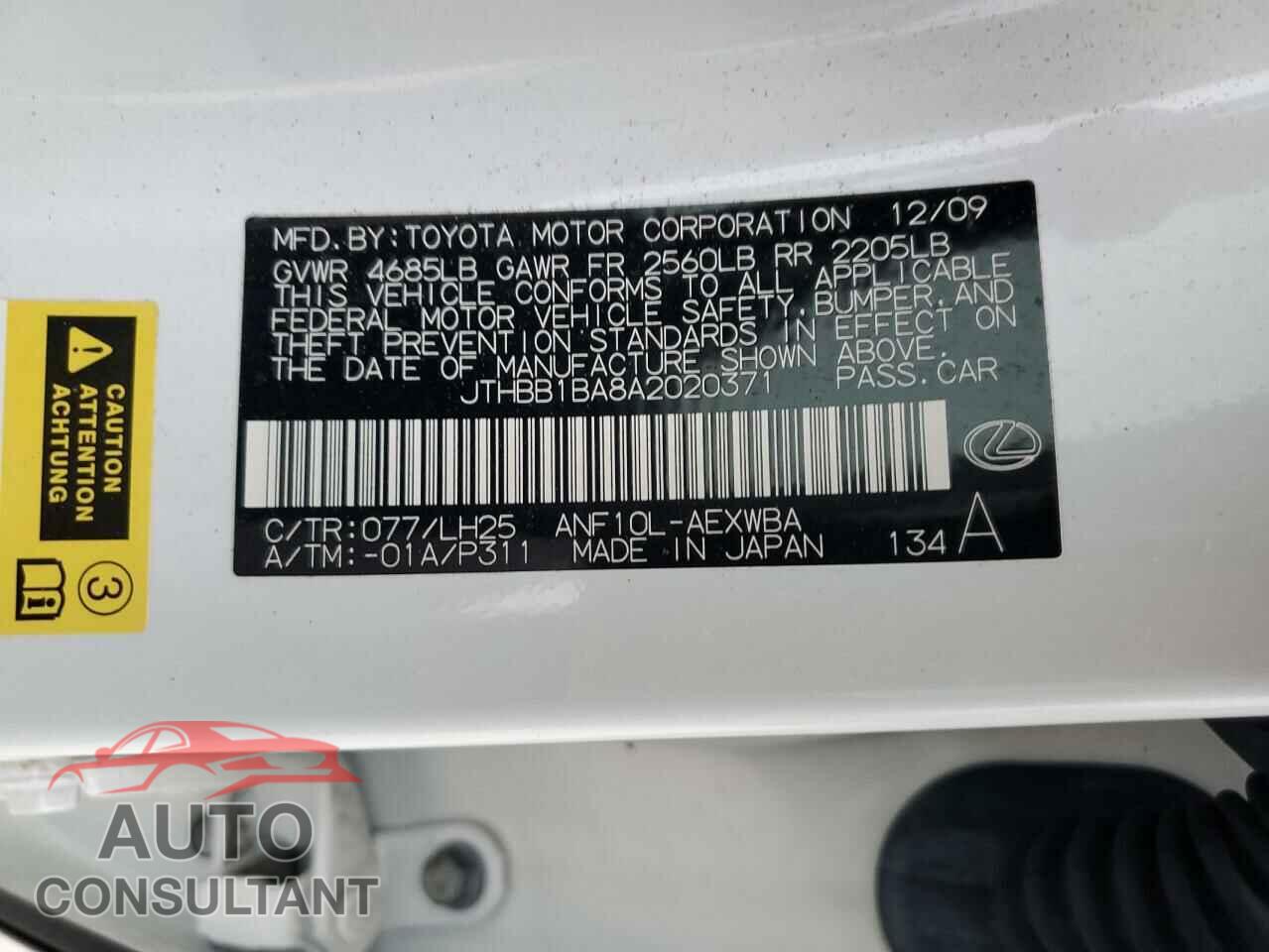 LEXUS HS 2010 - JTHBB1BA8A2020371