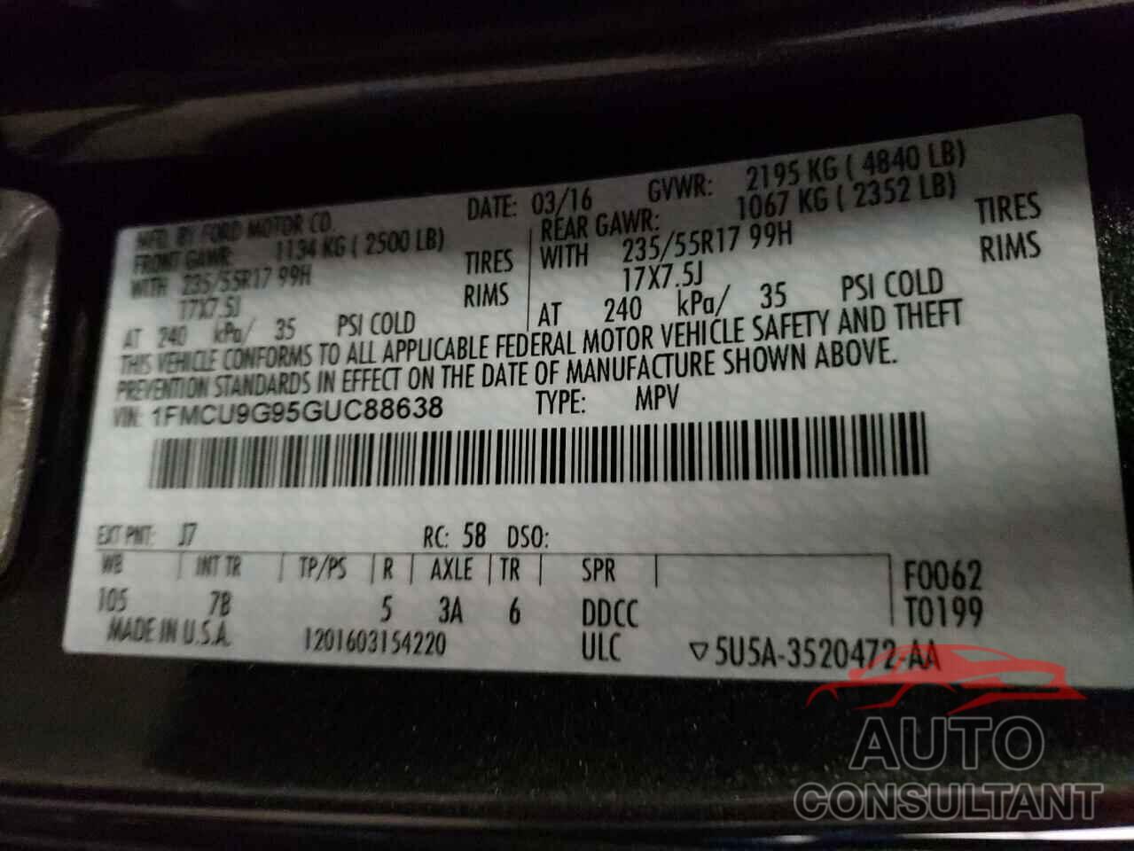 FORD ESCAPE 2016 - 1FMCU9G95GUC88638