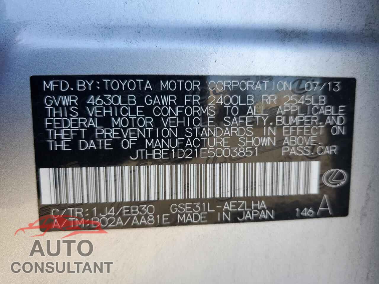 LEXUS IS 2014 - JTHBE1D21E5003851
