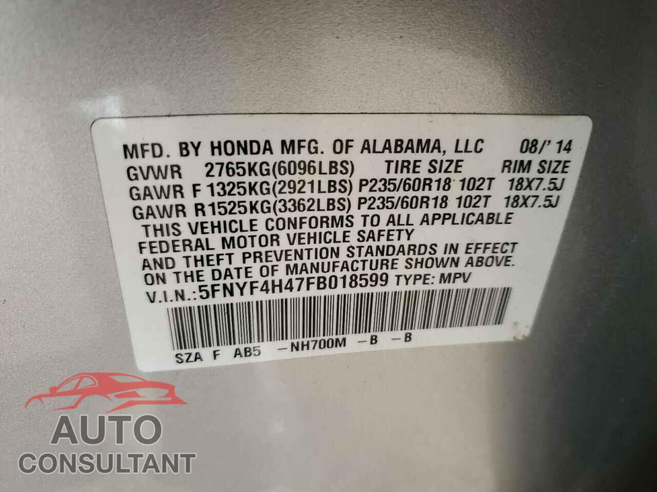 HONDA PILOT 2015 - 5FNYF4H47FB018599