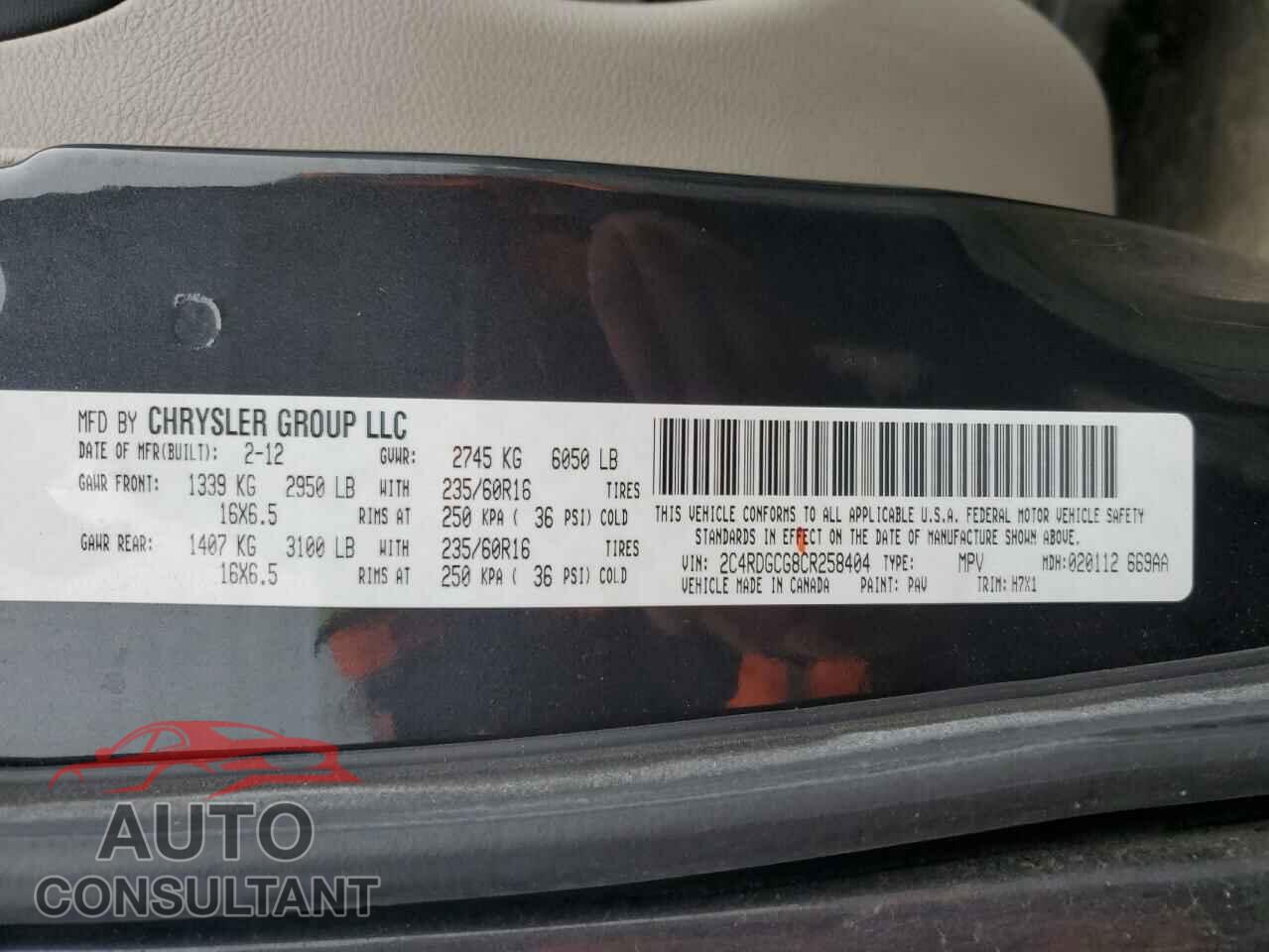 DODGE CARAVAN 2012 - 2C4RDGCG8CR258404