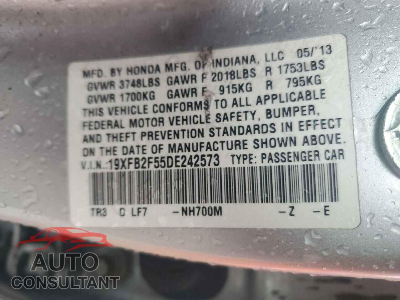 HONDA CIVIC 2013 - 19XFB2F55DE242573