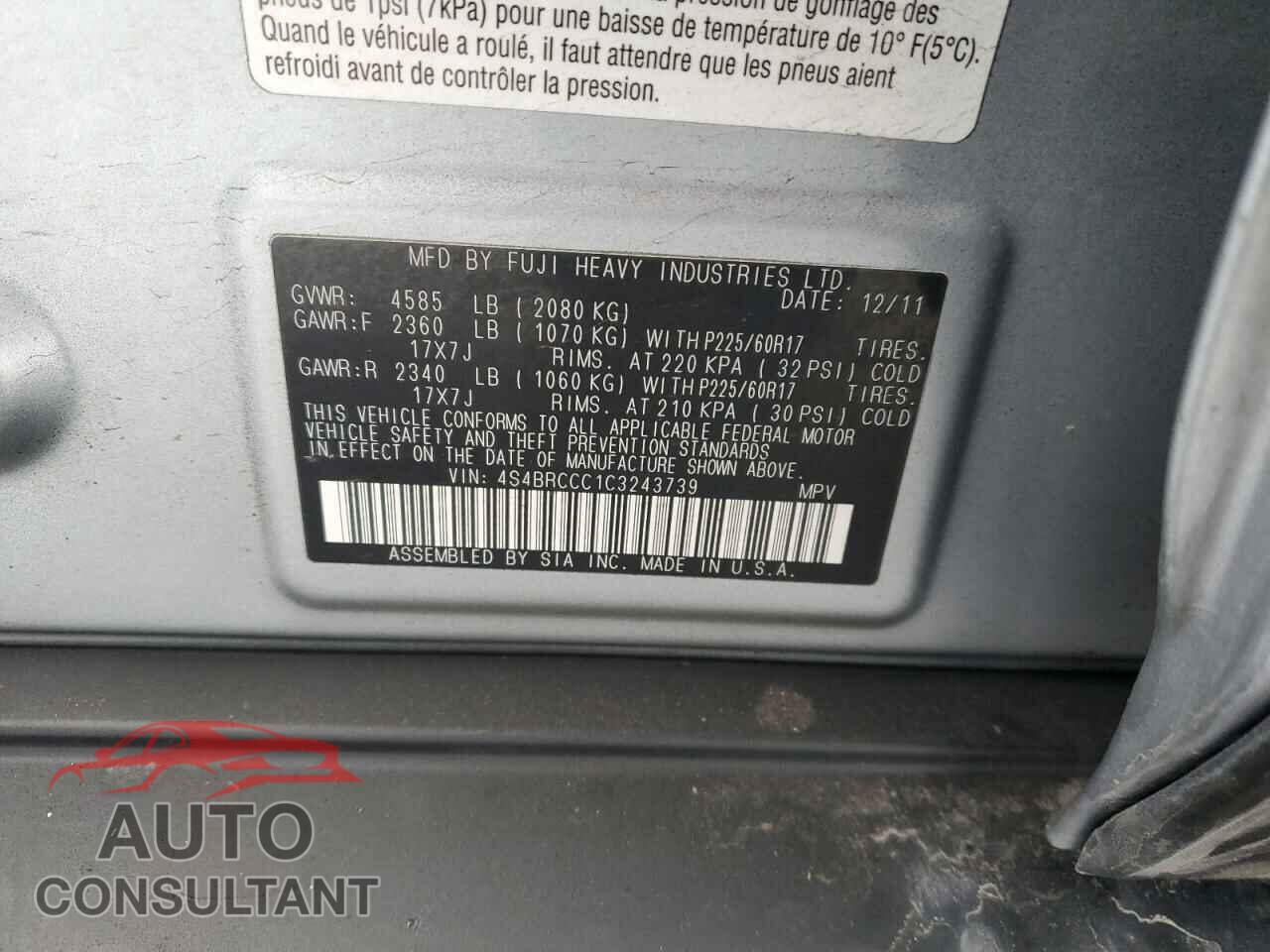 SUBARU OUTBACK 2012 - 4S4BRCCC1C3243739