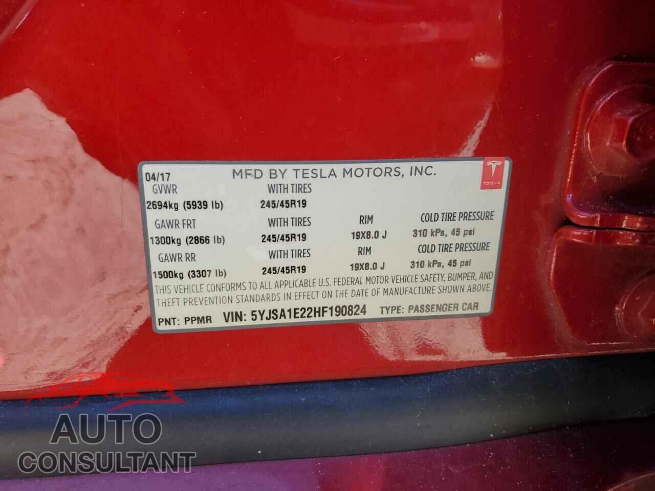 TESLA MODEL S 2017 - 5YJSA1E22HF190824