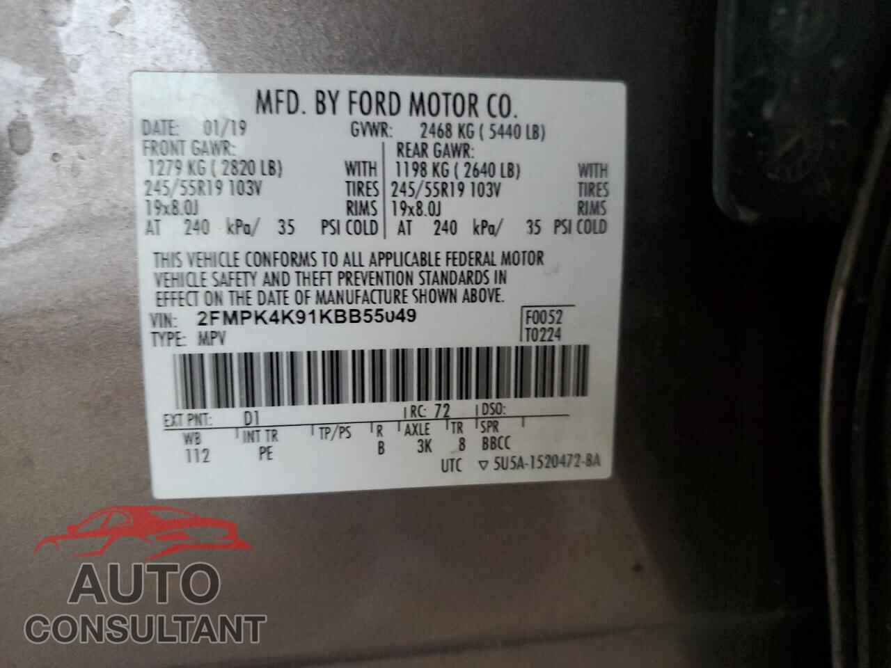 FORD EDGE 2019 - 2FMPK4K91KBB55049