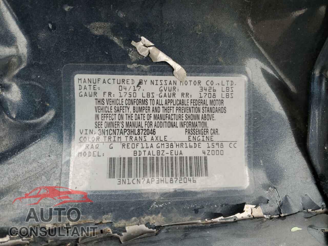 NISSAN VERSA 2017 - 3N1CN7AP3HL872046