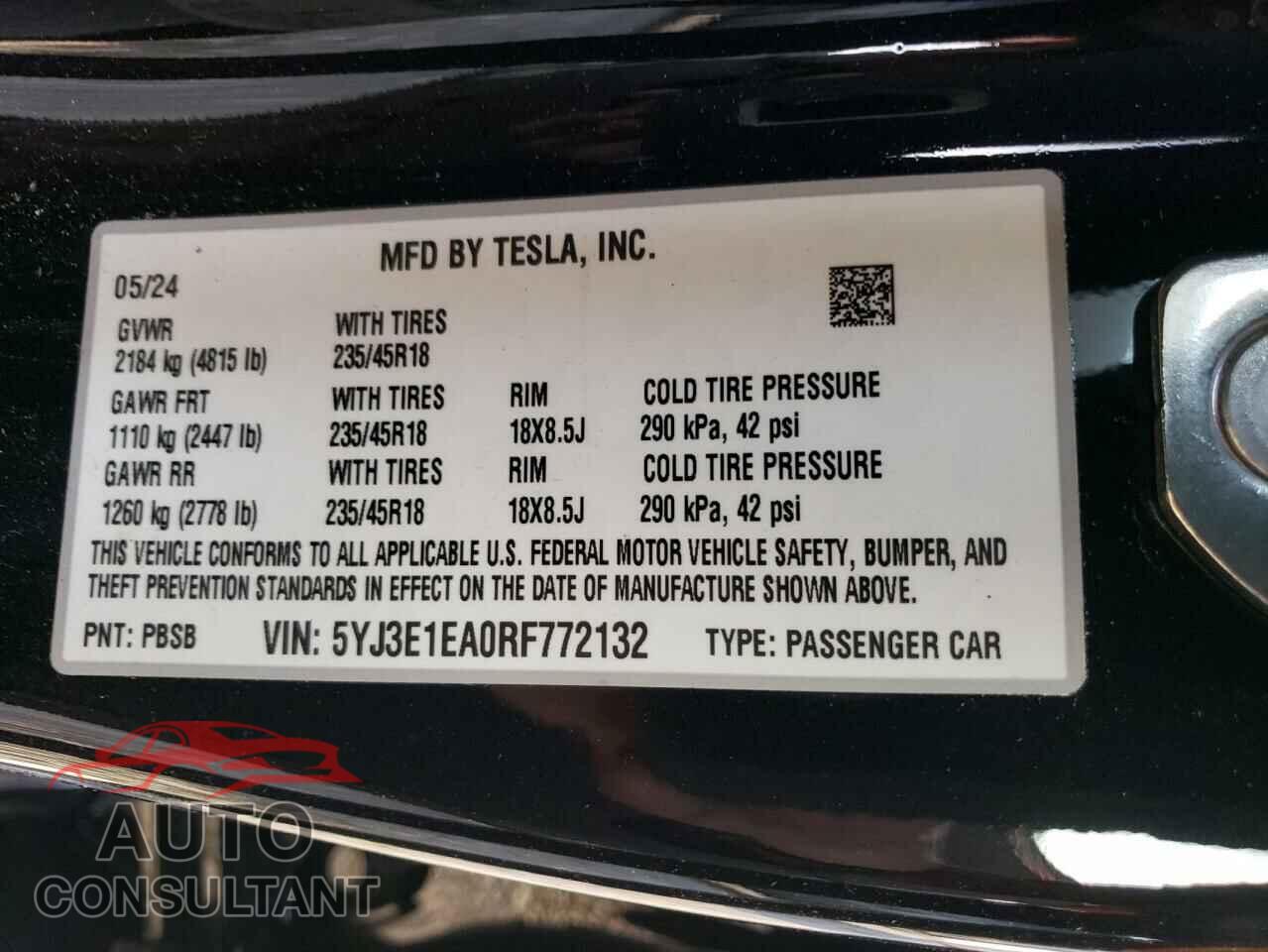 TESLA MODEL 3 2024 - 5YJ3E1EA0RF772132