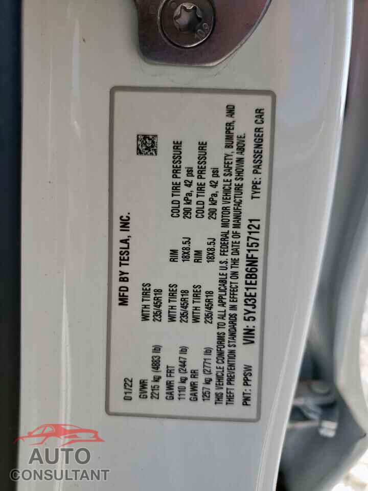 TESLA MODEL 3 2022 - 5YJ3E1EB6NF157121