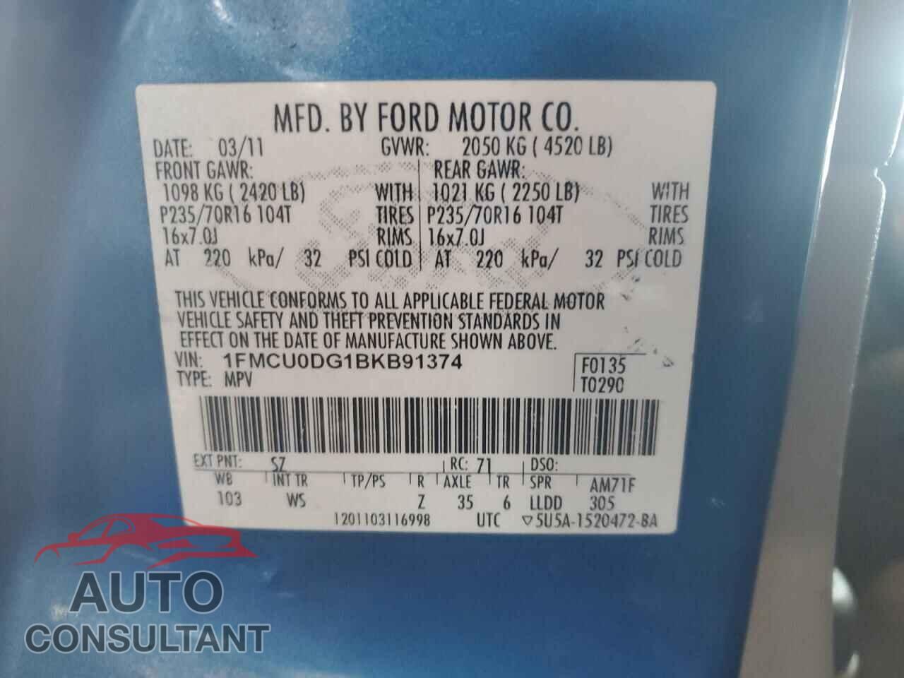 FORD ESCAPE 2011 - 1FMCU0DG1BKB91374