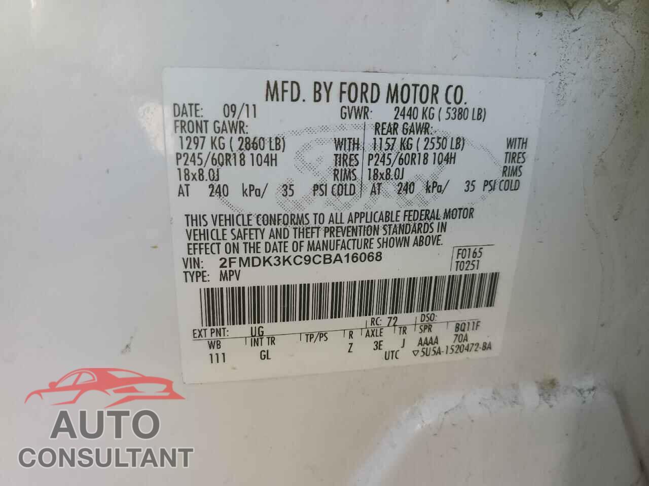 FORD EDGE 2012 - 2FMDK3KC9CBA16068