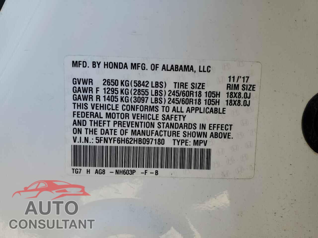 HONDA PILOT 2017 - 5FNYF6H62HB097180