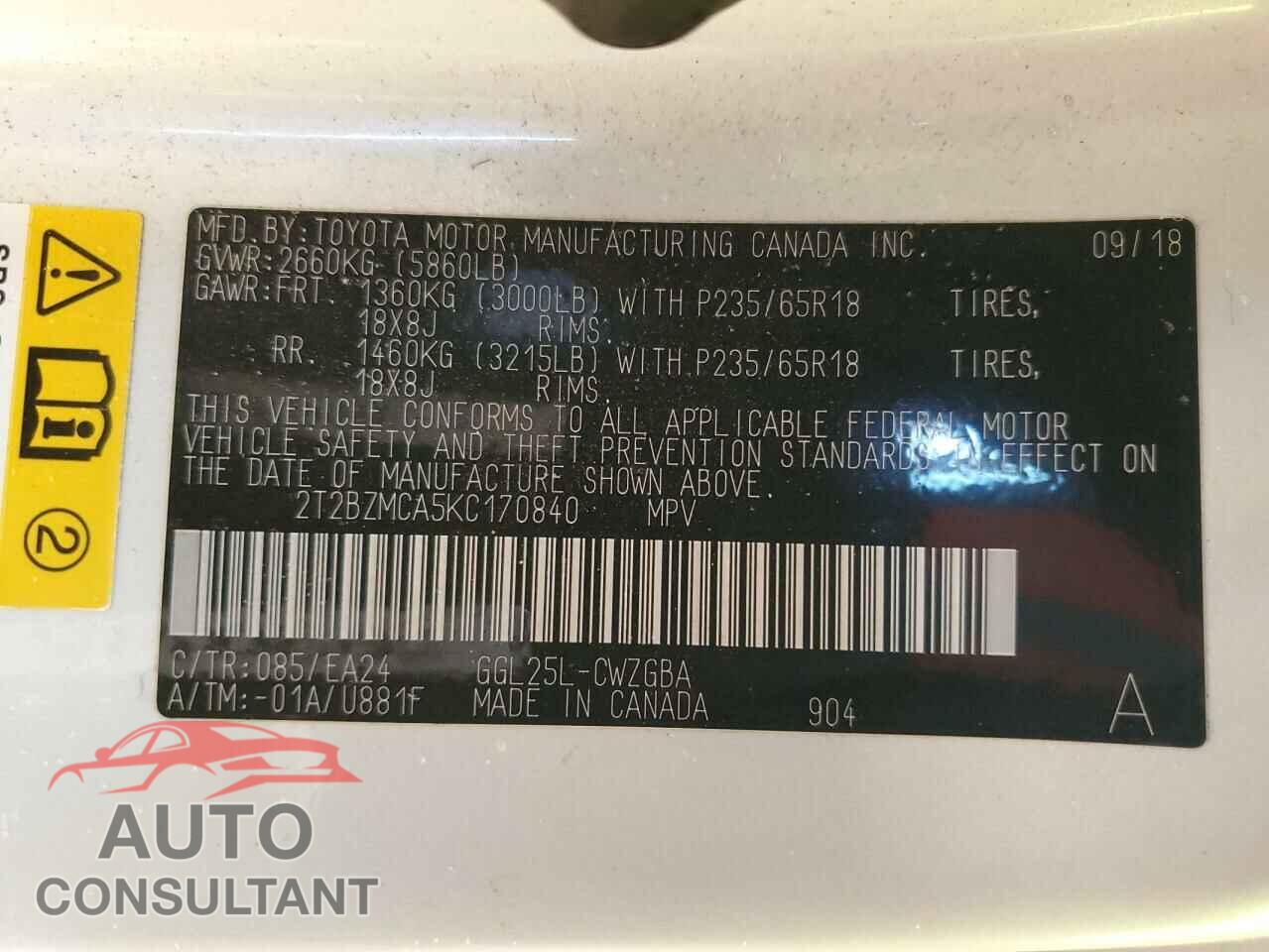 LEXUS RX350 2019 - 2T2BZMCA5KC170840