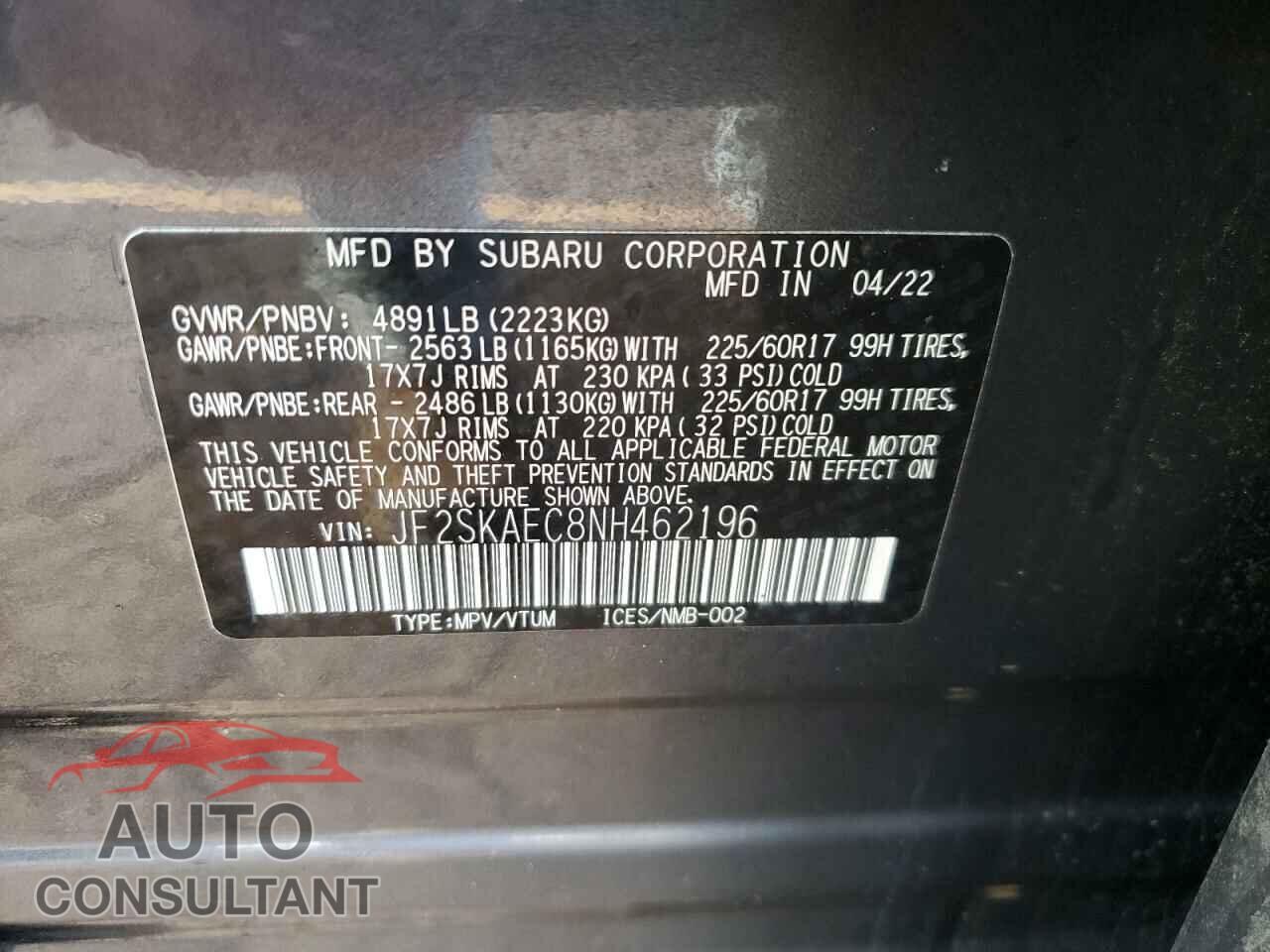 SUBARU FORESTER 2022 - JF2SKAEC8NH462196