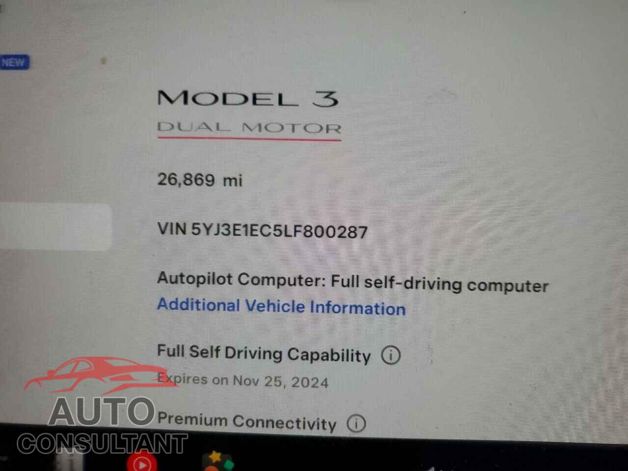 TESLA MODEL 3 2020 - 5YJ3E1EC5LF800287