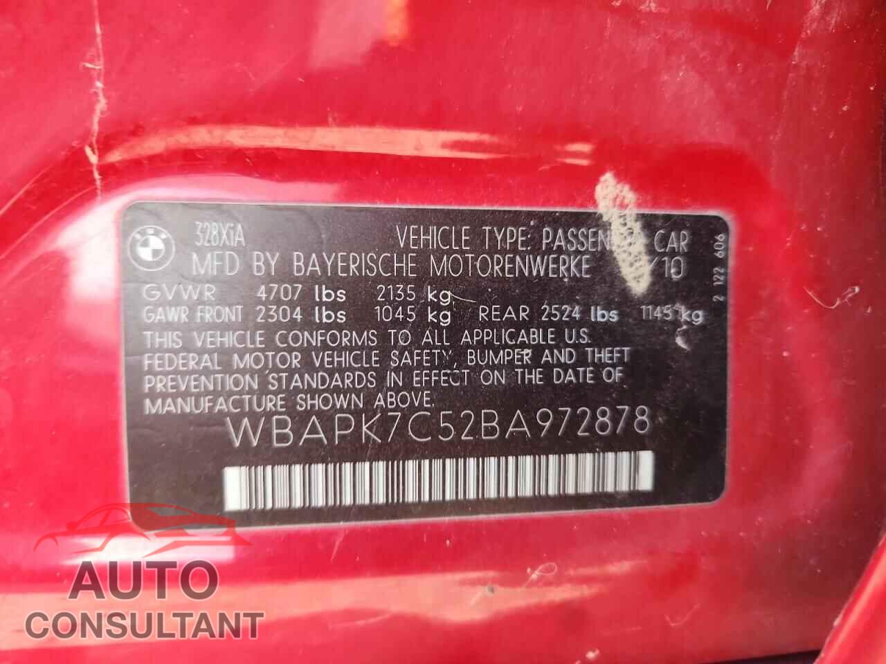 BMW 3 SERIES 2011 - WBAPK7C52BA972878