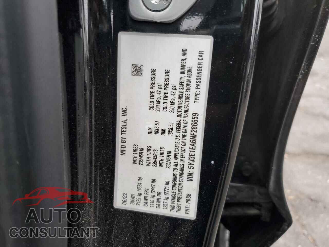 TESLA MODEL 3 2022 - 5YJ3E1EA6NF286659