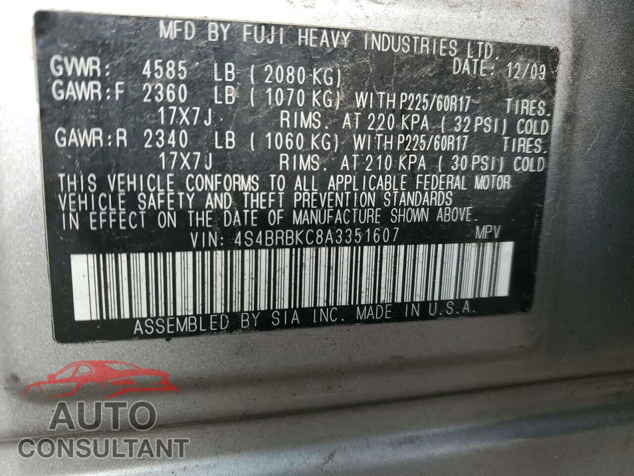 SUBARU OUTBACK 2010 - 4S4BRBKC8A3351607