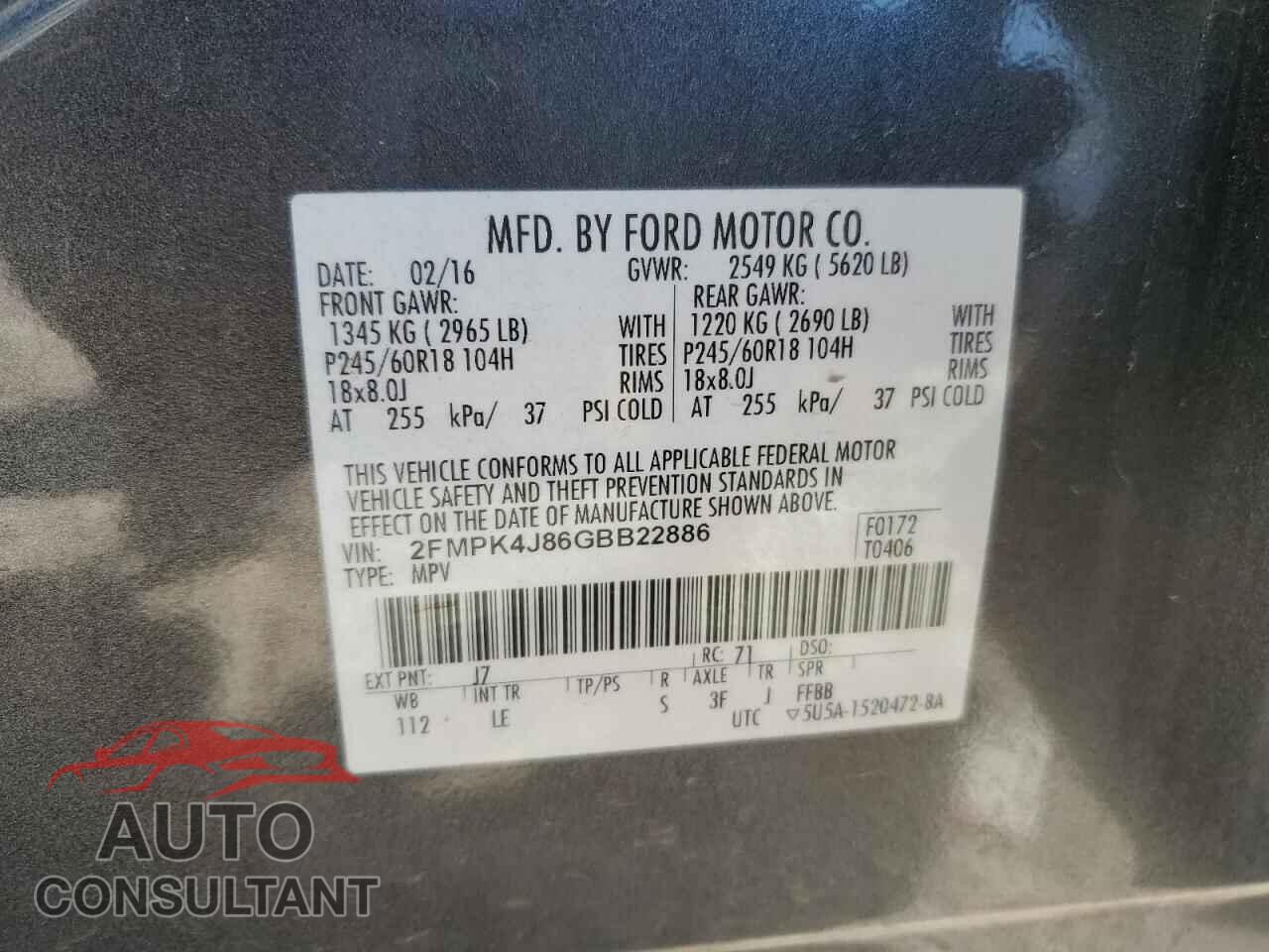FORD EDGE 2016 - 2FMPK4J86GBB22886