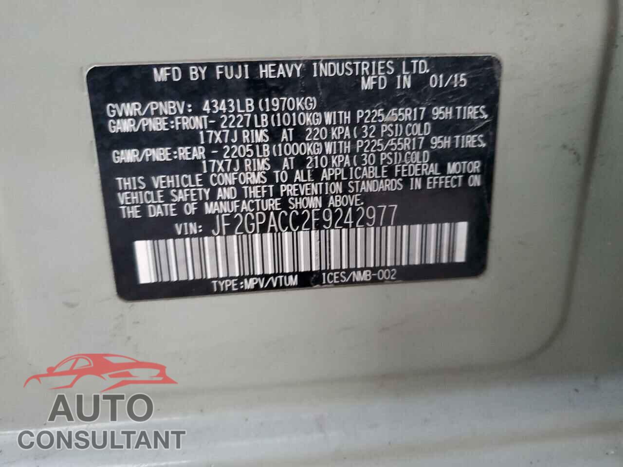 SUBARU XV 2015 - JF2GPACC2F9242977