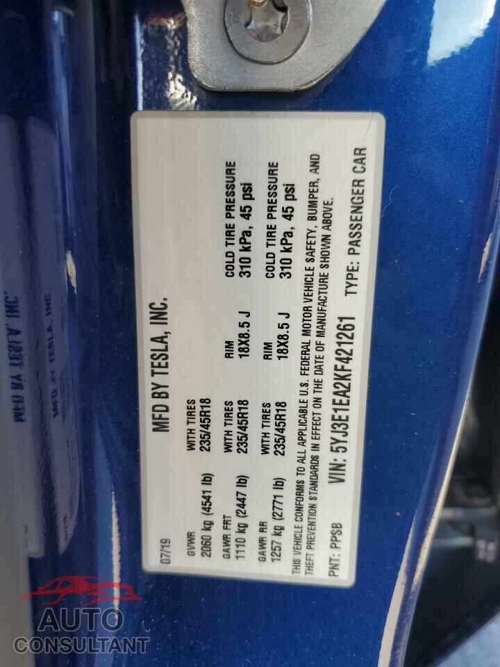 TESLA MODEL 3 2019 - 5YJ3E1EA2KF421261