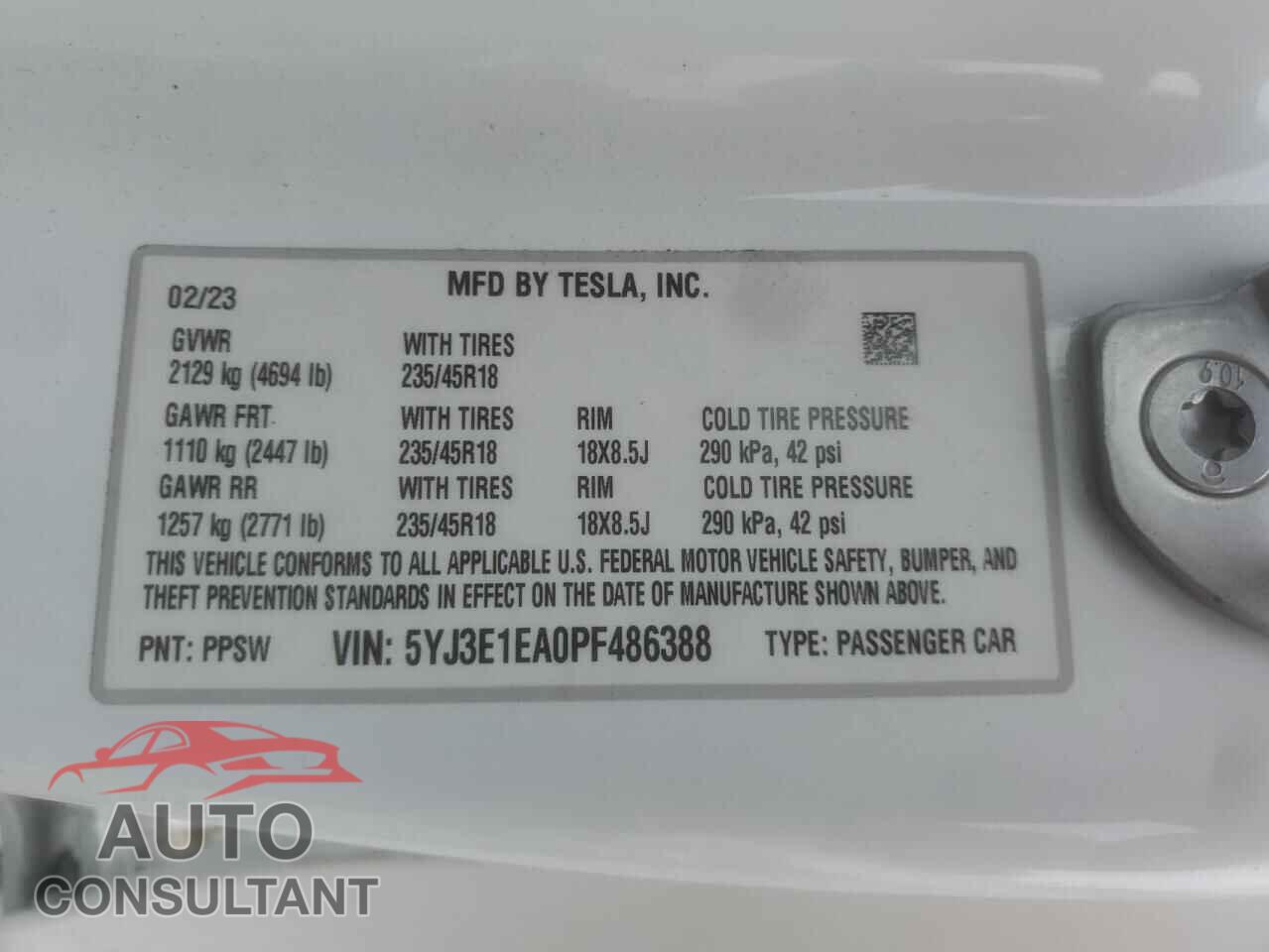 TESLA MODEL 3 2023 - 5YJ3E1EA0PF486388