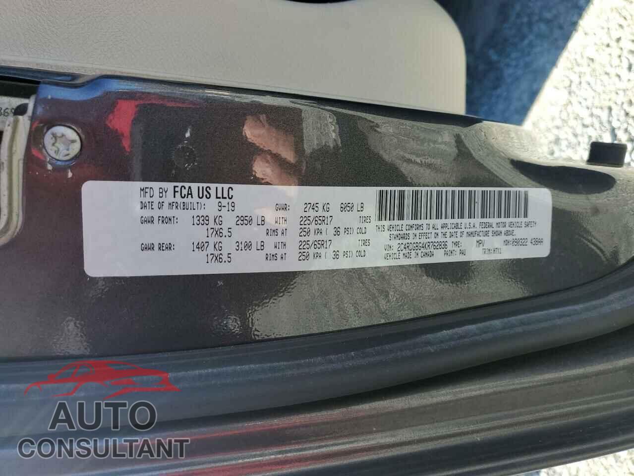 DODGE CARAVAN 2019 - 2C4RDGBG4KR762836