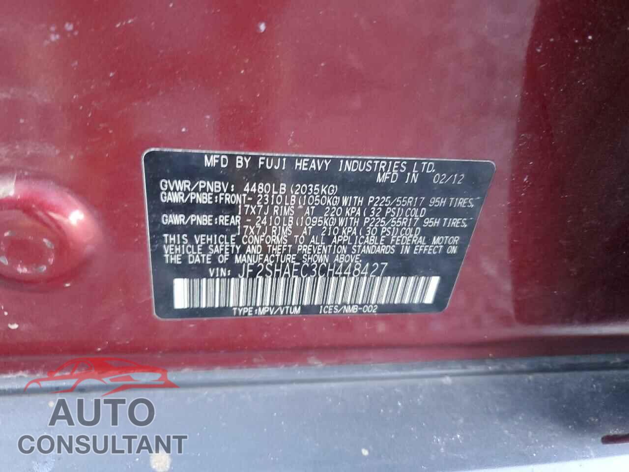 SUBARU FORESTER 2012 - JF2SHAEC3CH448427