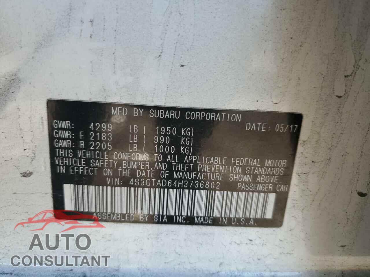 SUBARU IMPREZA 2017 - 4S3GTAD64H3736802