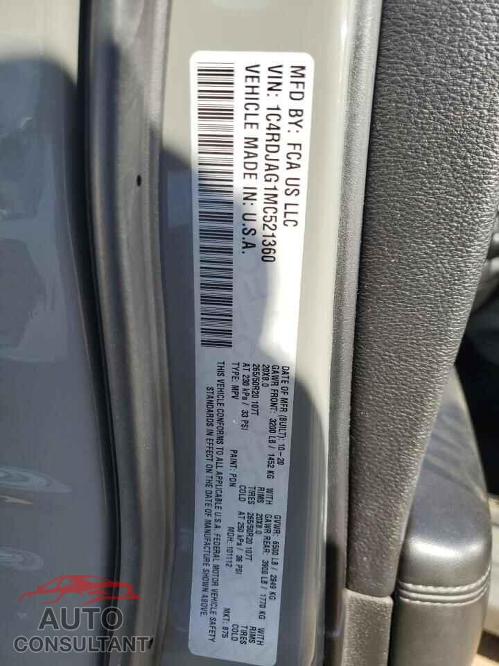 DODGE DURANGO 2021 - 1C4RDJAG1MC521360