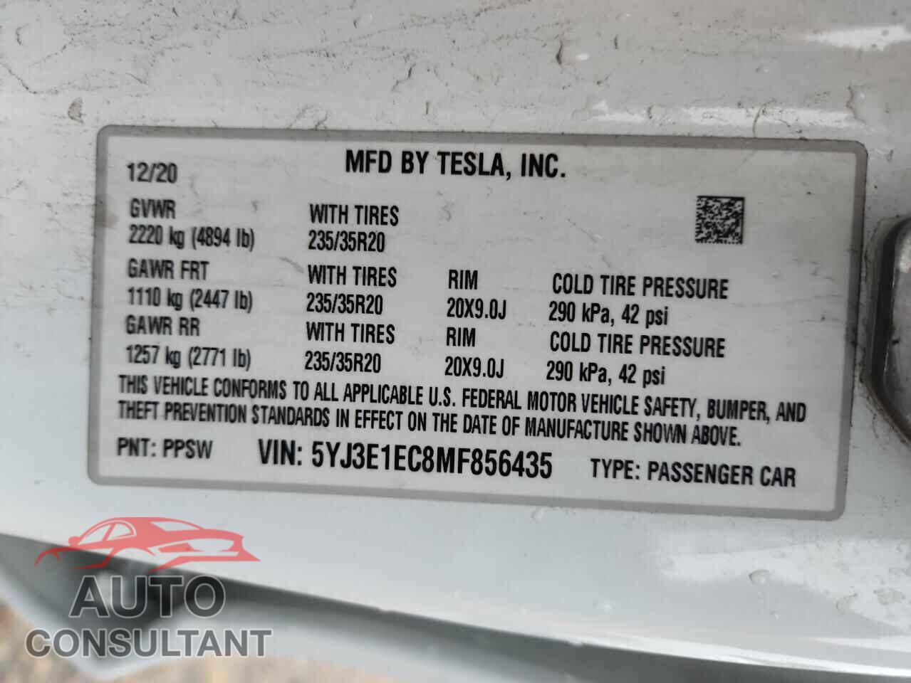 TESLA MODEL 3 2021 - 5YJ3E1EC8MF856435