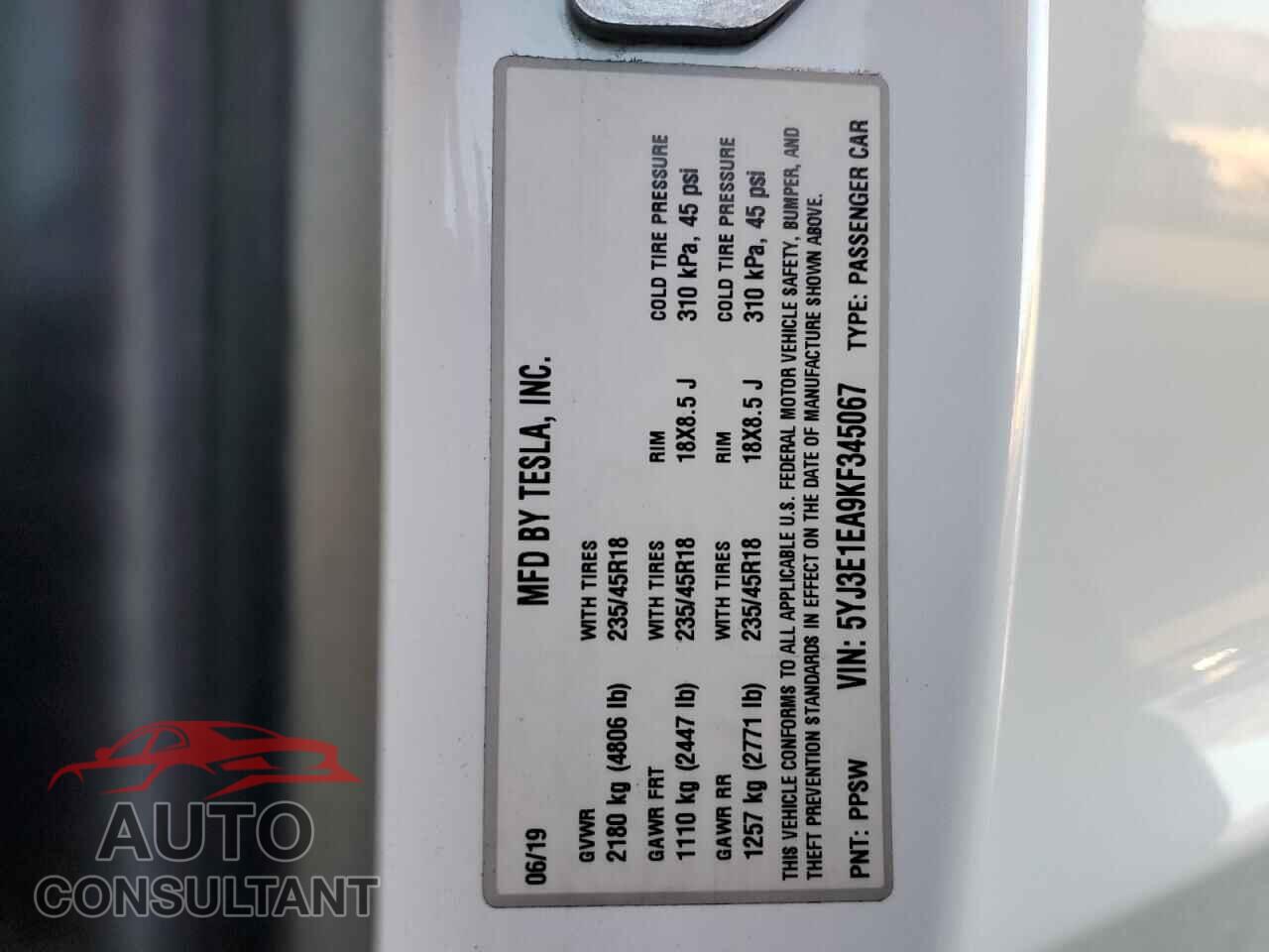 TESLA MODEL 3 2019 - 5YJ3E1EA9KF345067