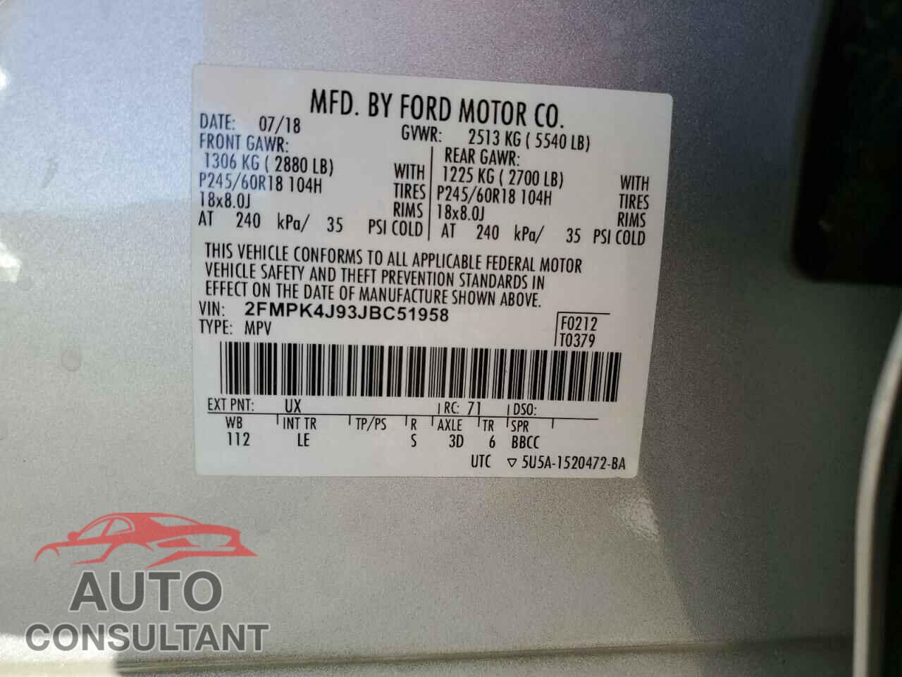 FORD EDGE 2018 - 2FMPK4J93JBC51958