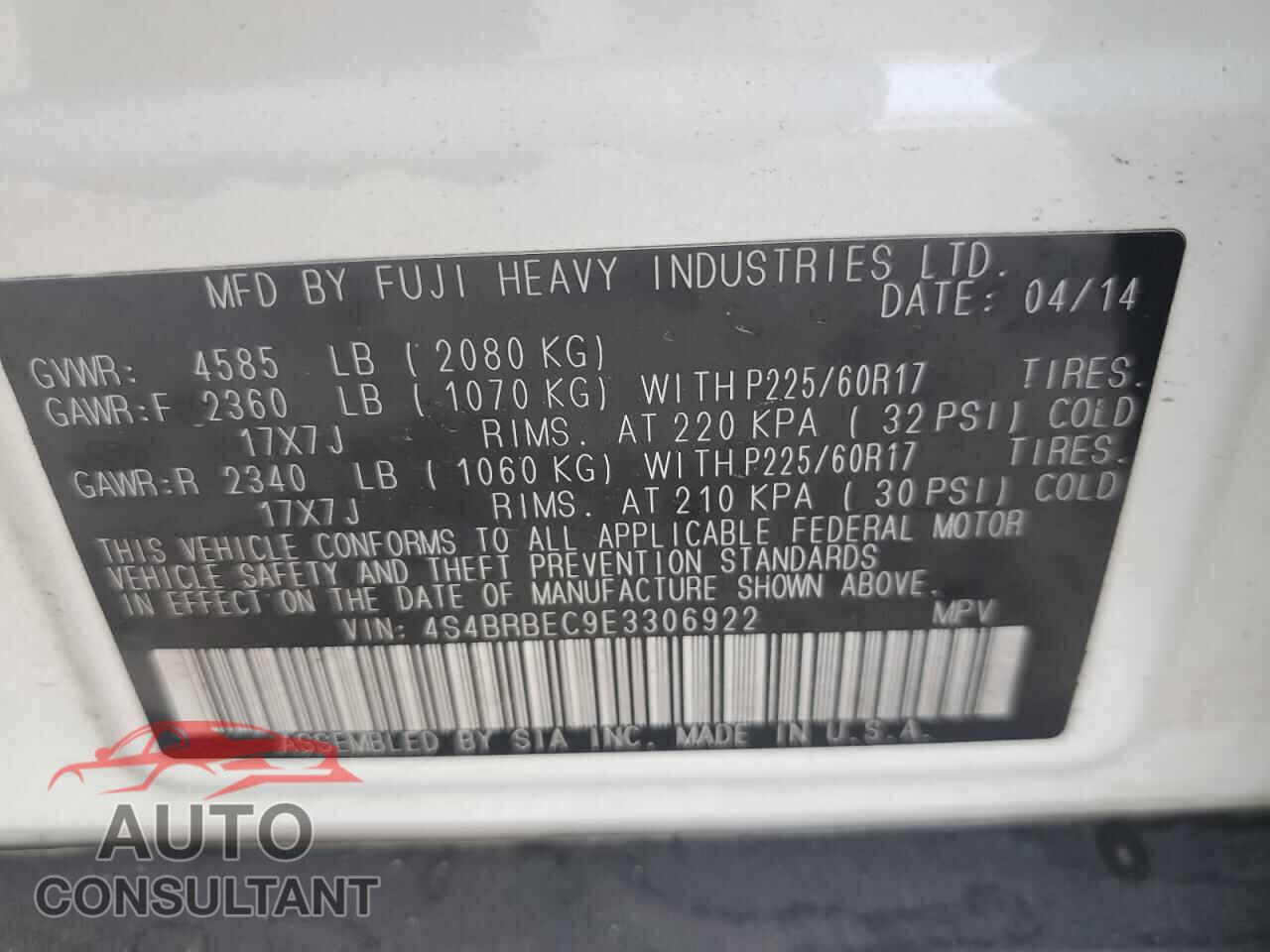 SUBARU OUTBACK 2014 - 4S4BRBEC9E3306922