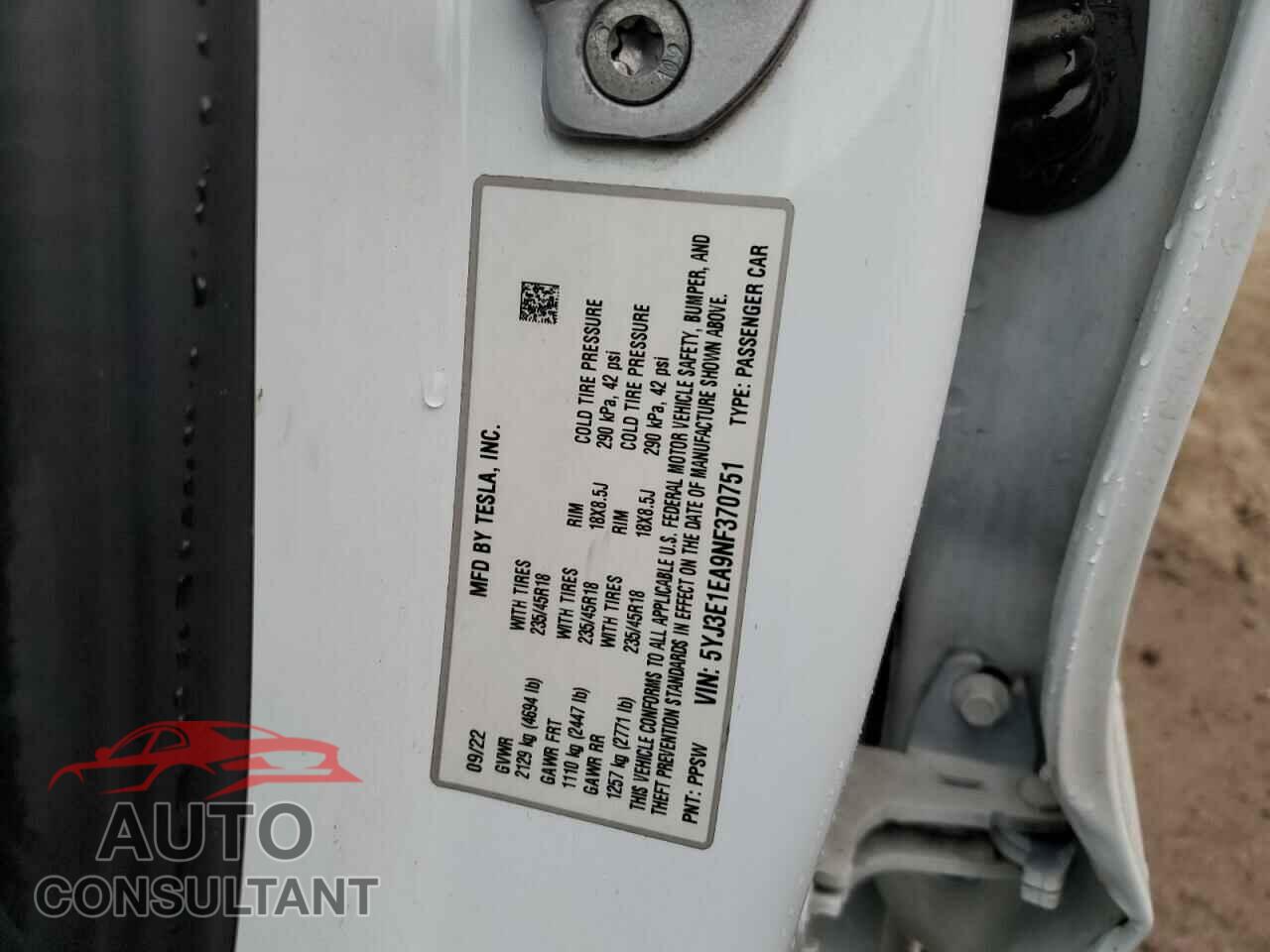 TESLA MODEL 3 2022 - 5YJ3E1EA9NF370751