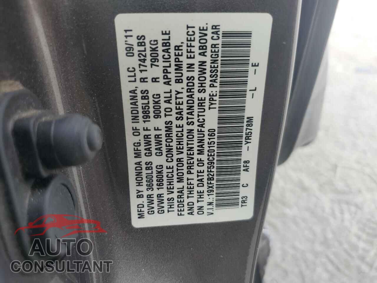 HONDA CIVIC 2012 - 19XFB2F59CE015160