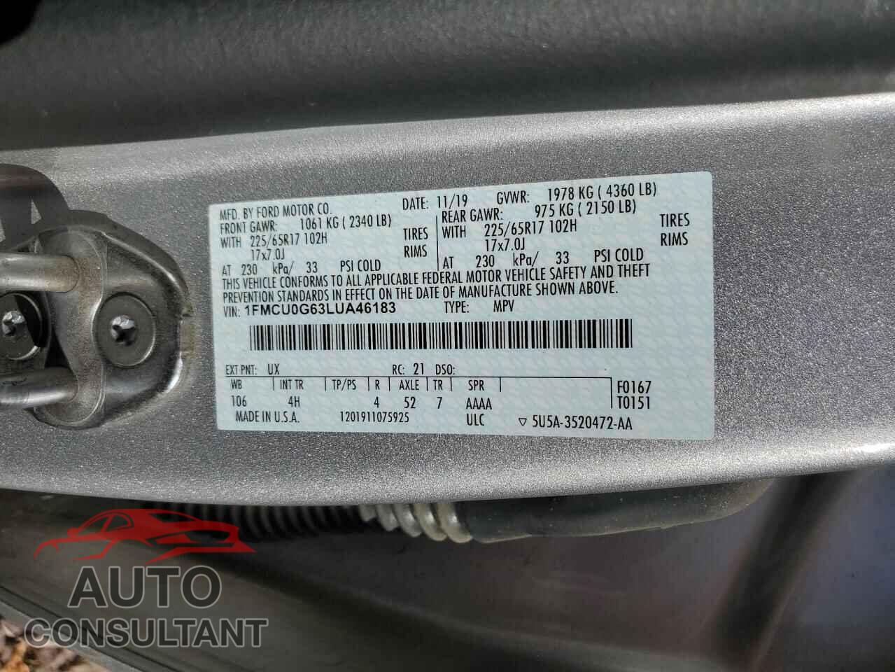 FORD ESCAPE 2020 - 1FMCU0G63LUA46183