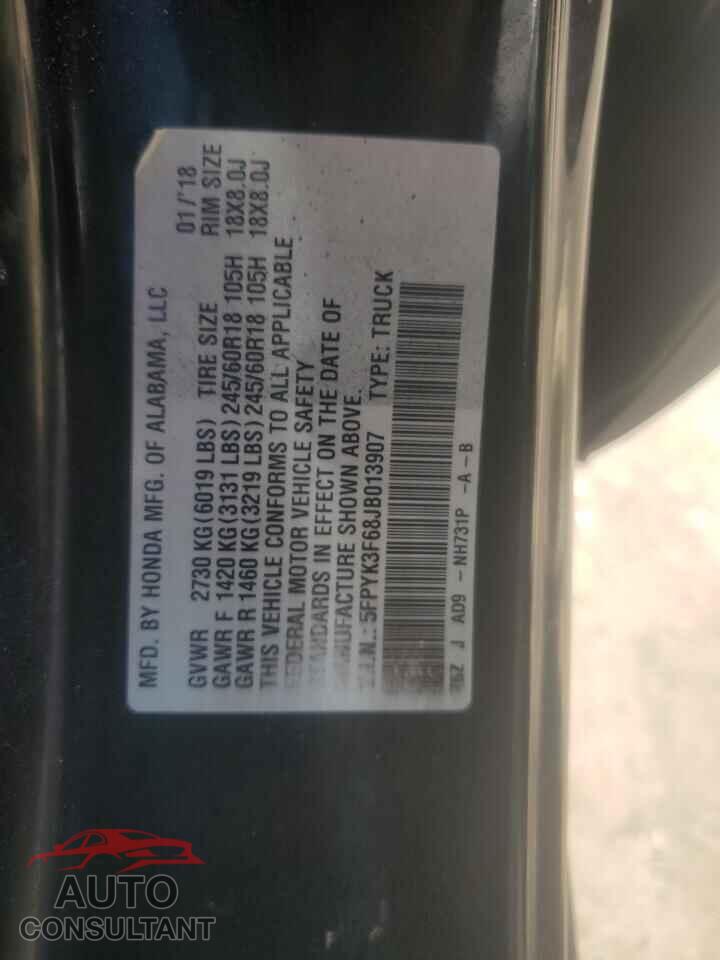 HONDA RIDGELINE 2018 - 5FPYK3F68JB013907