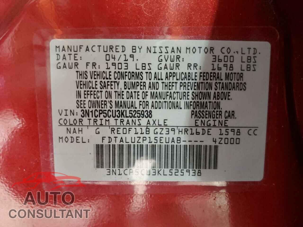 NISSAN KICKS 2019 - 3N1CP5CU3KL525938