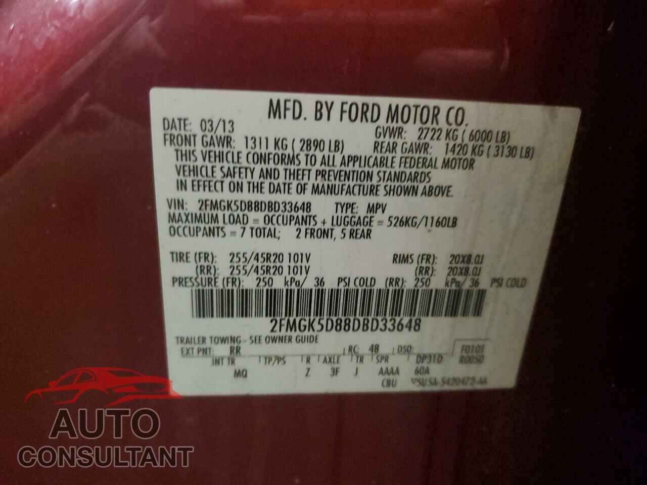FORD FLEX 2013 - 2FMGK5D88DBD33648