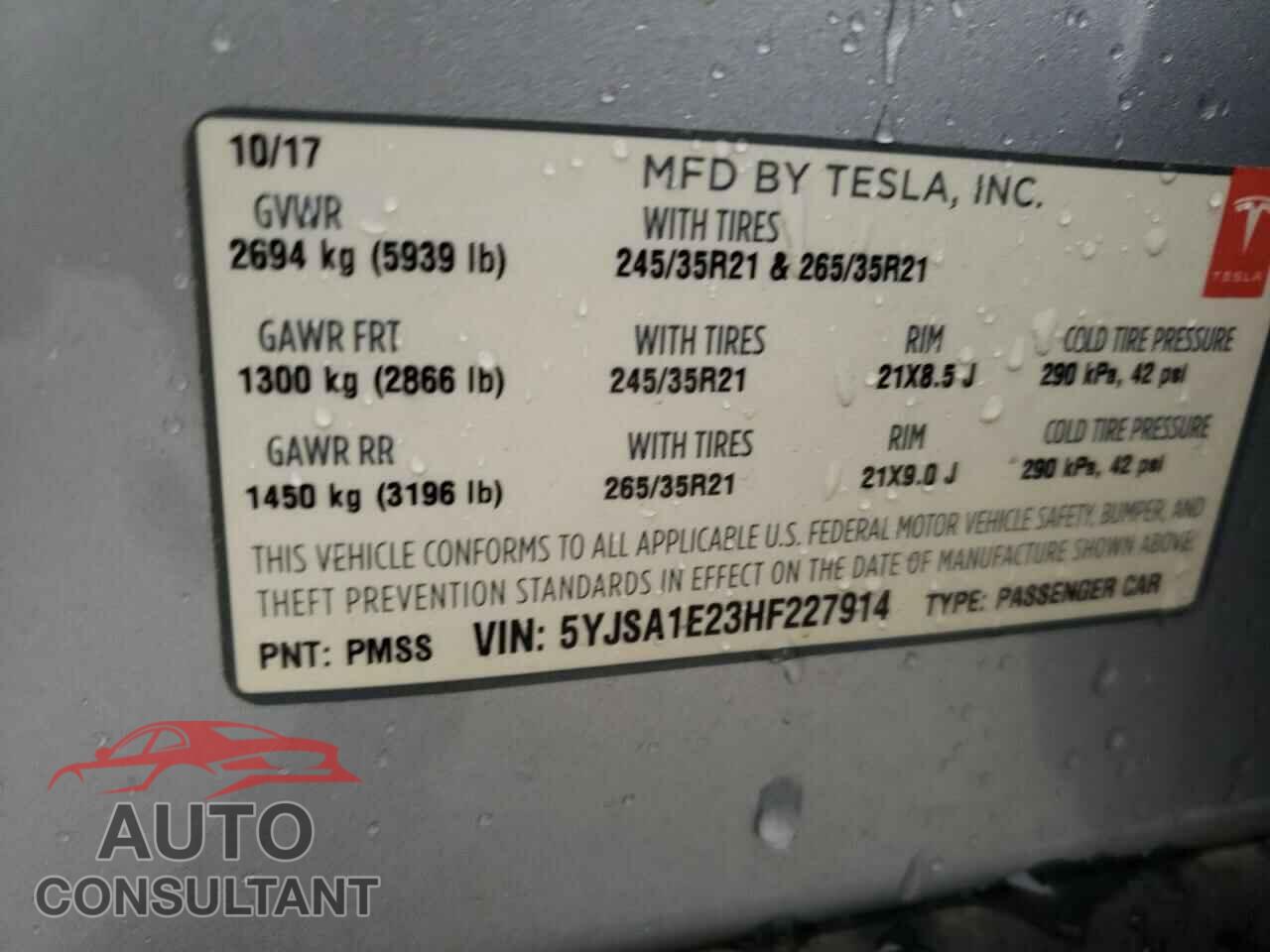TESLA MODEL S 2017 - 5YJSA1E23HF227914