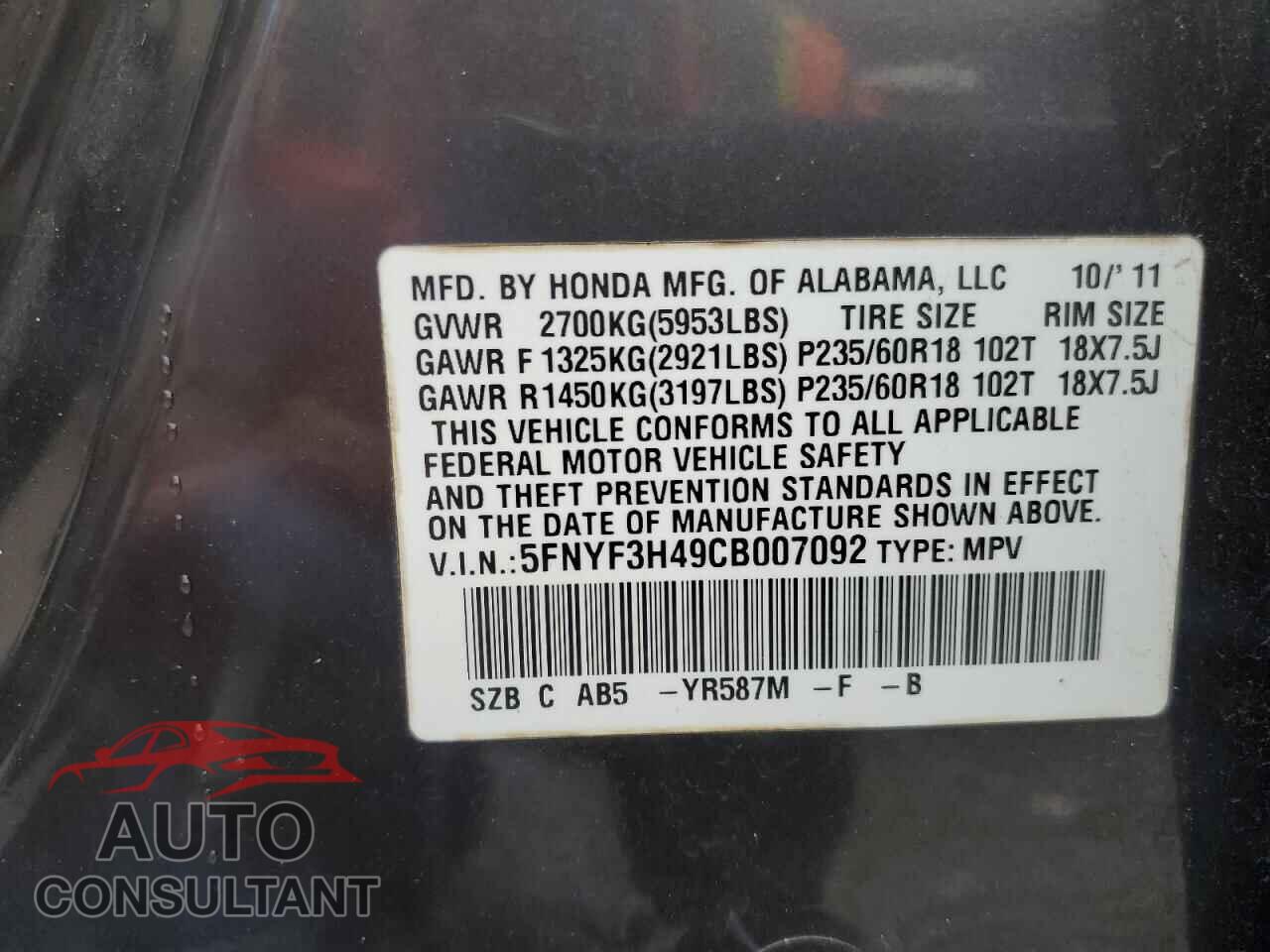 HONDA PILOT 2012 - 5FNYF3H49CB007092