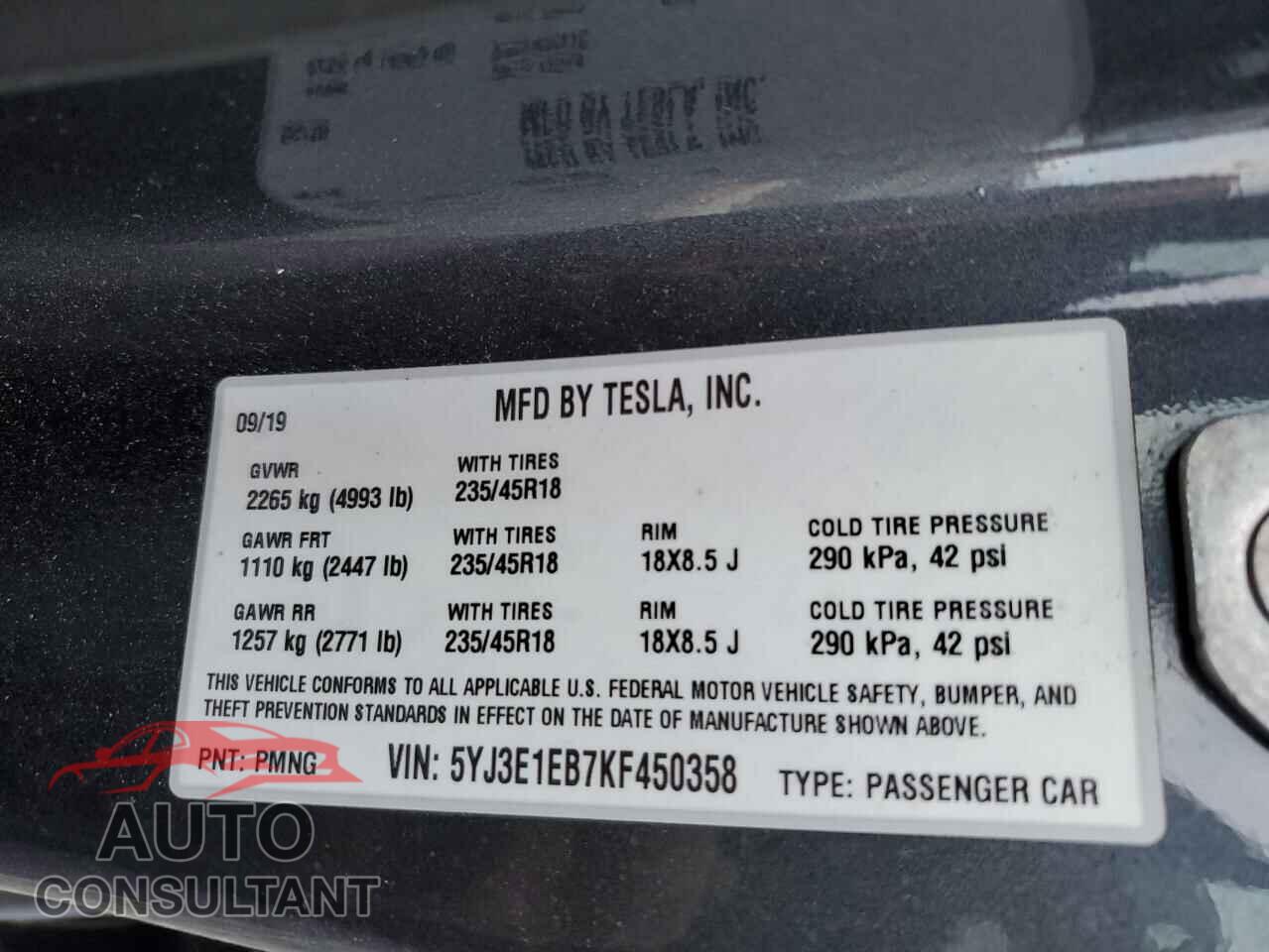 TESLA MODEL 3 2019 - 5YJ3E1EB7KF450358
