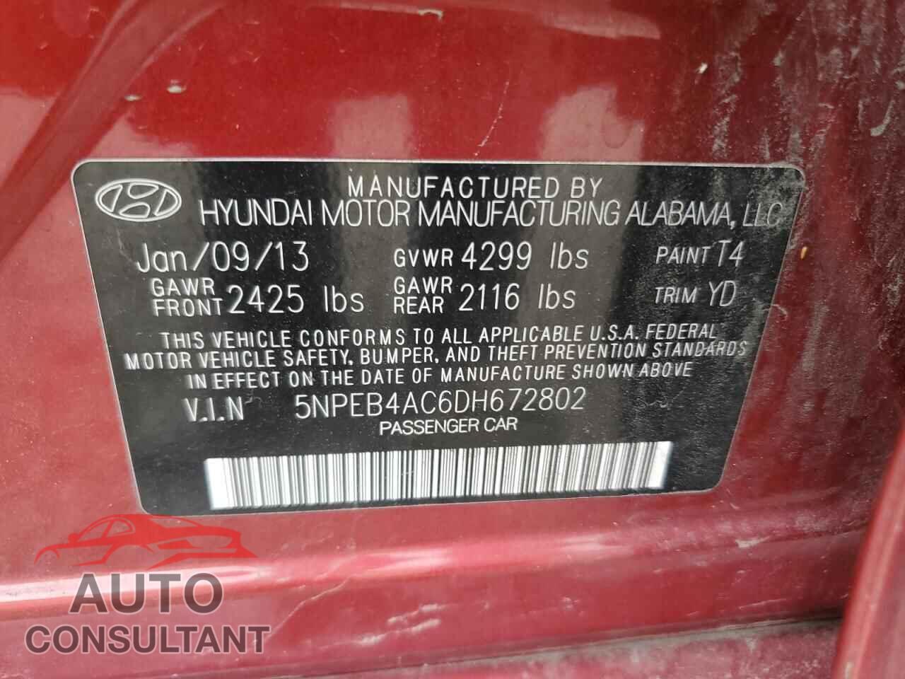 HYUNDAI SONATA 2013 - 5NPEB4AC6DH672802