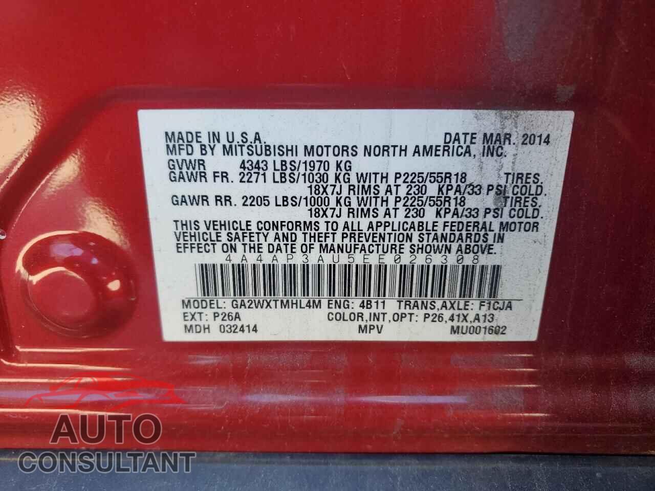 MITSUBISHI OUTLANDER 2014 - 4A4AP3AU5EE026308