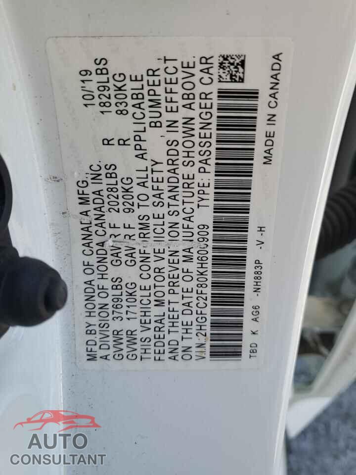 HONDA CIVIC 2019 - 2HGFC2F80KH606909