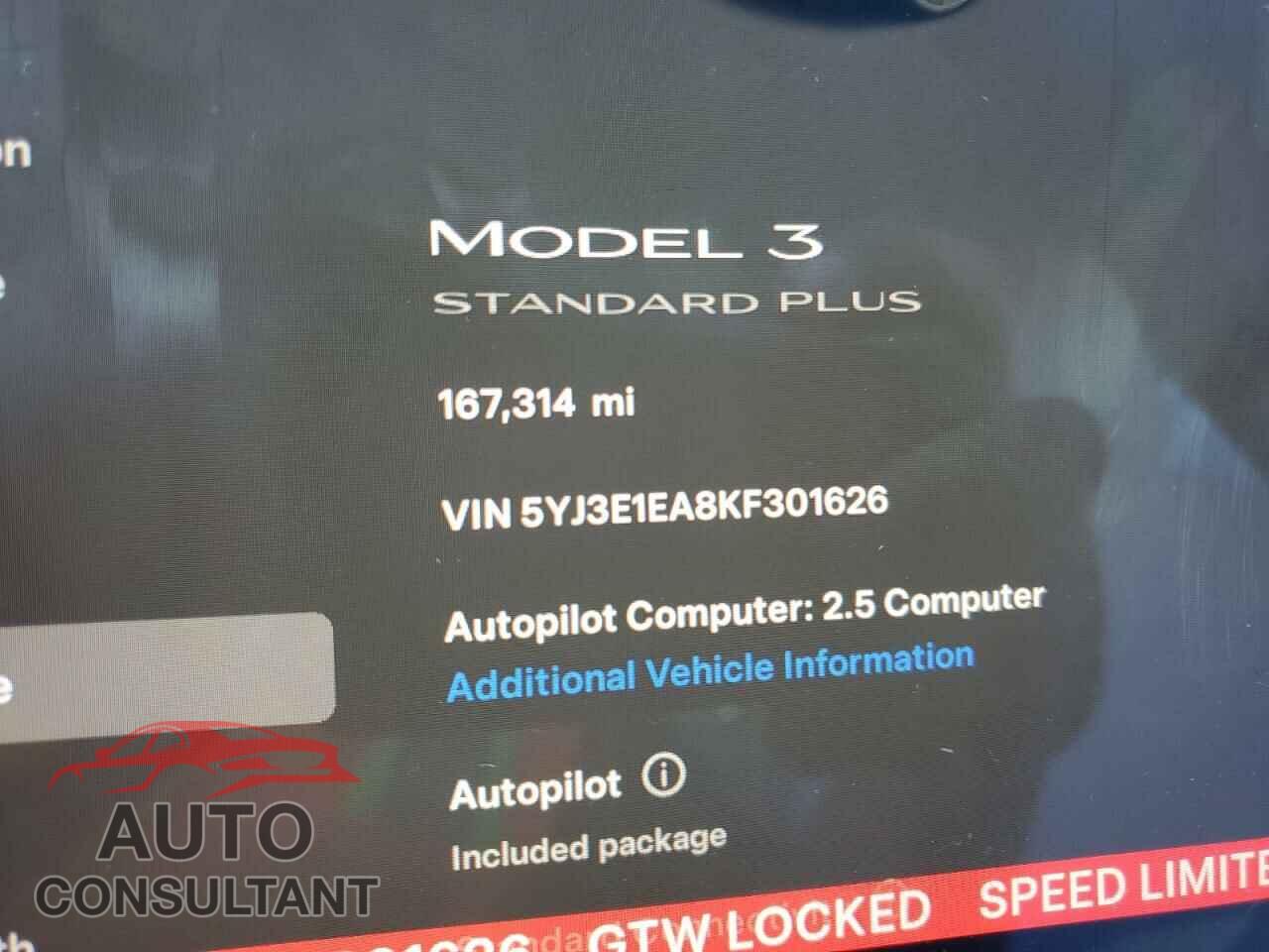 TESLA MODEL 3 2019 - 5YJ3E1EA8KF301626