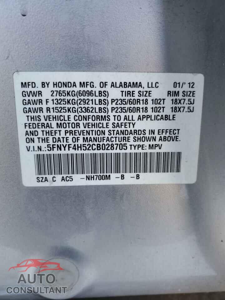 HONDA PILOT 2012 - 5FNYF4H52CB028705