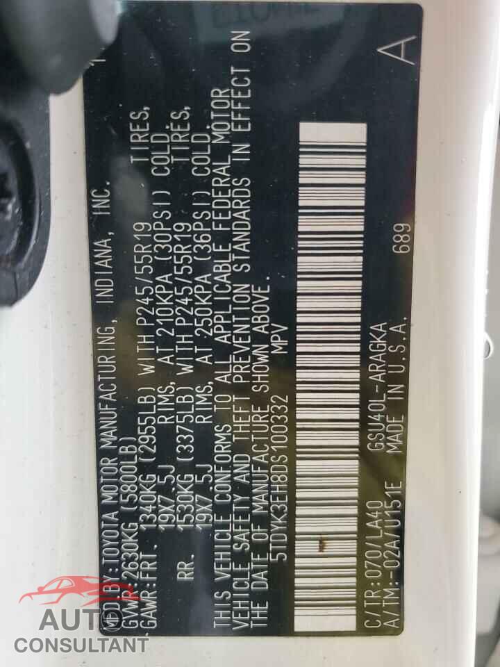 TOYOTA HIGHLANDER 2013 - 5TDYK3EH8DS100332