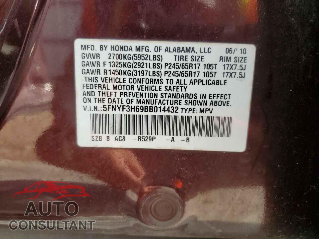 HONDA PILOT 2011 - 5FNYF3H69BB014432