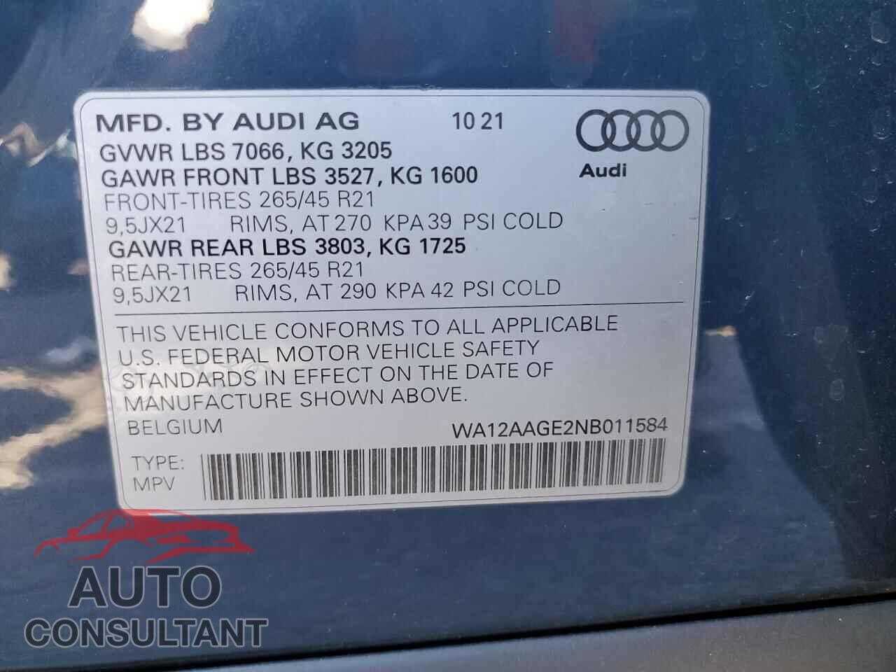 AUDI E-TRON 2022 - WA12AAGE2NB011584